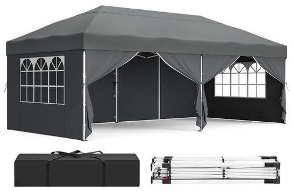 SONGMICS Faltzelt 6 x 3 m, mit Seitenwänden, stabil, tragbar, Pavillon für Garten, Hof, Party, Sonnenschutz, grau