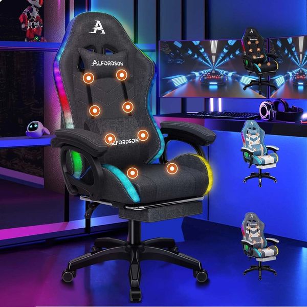 ALFORDSON Gaming Stuhl 8-Punkt Massage 12 Farben RGB LED Grau