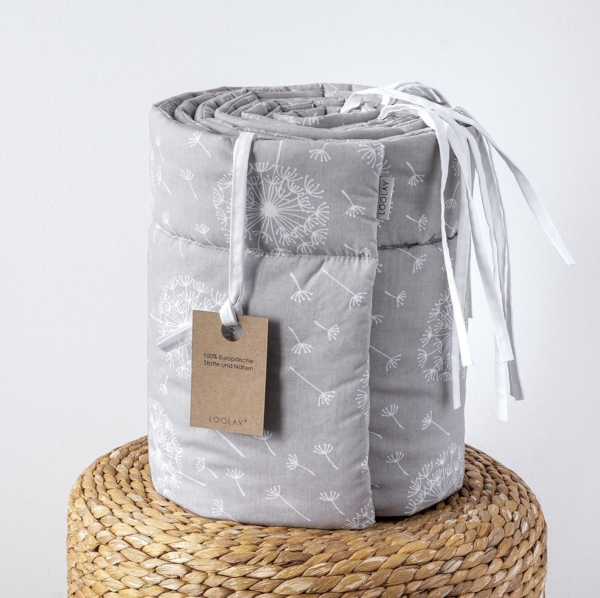 Loolay Bettnestchen GRAU WEIß Baumwolle BETTUMRANDUNG Babybett 420, 360, 210, 180 x 30cm, (Babyausstattung Babynest Kopfschutz Kantenschutz Baby, 100% Baumwolle Babybett Bettschutzgitter Umrandung), LOOLAY® - 100% Europäische Stoffe und Kleinserien-Nähen! Bild 2