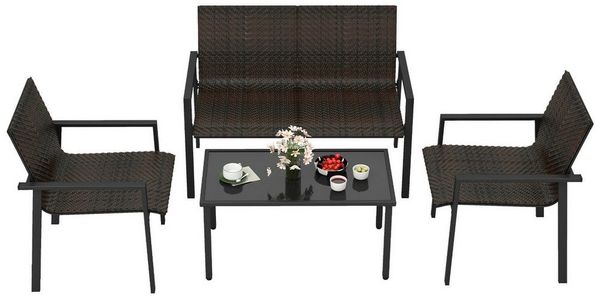 COSTWAY Gartenlounge-Set, (4-tlg), Balkonset PE Rattan, mit 2 Stühlen, Bank & Tisch