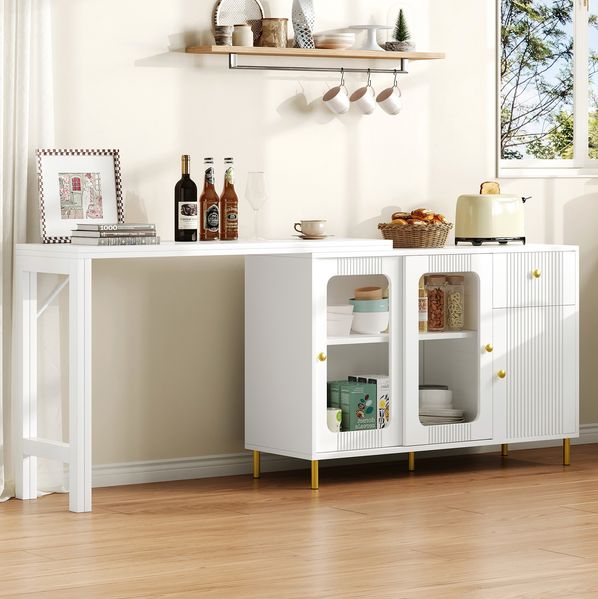 Sideboard mit ausziehbarer Tischplatte & Glasfront, weiß/gold, 116x40x78,5 cm