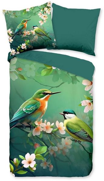 JACK Bettwäsche 135x200cm Pure Vogelparadies Grün, Microfaser, 2 teilig, mit elegantem Blumendesign