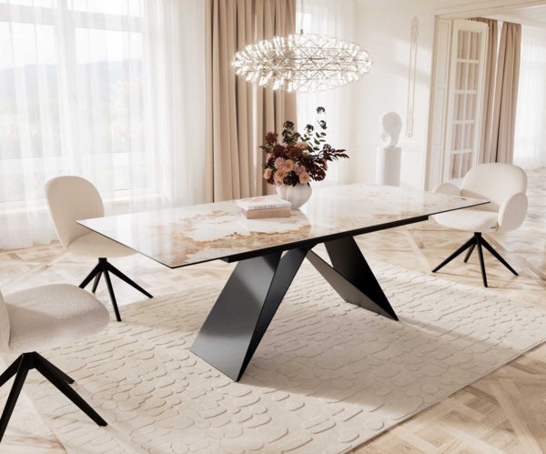 Esstisch Edge 180-220x100 Keramik Minas Melange Weiß-Beige V-Gestell Flachstahl Schwarz ausziehbar