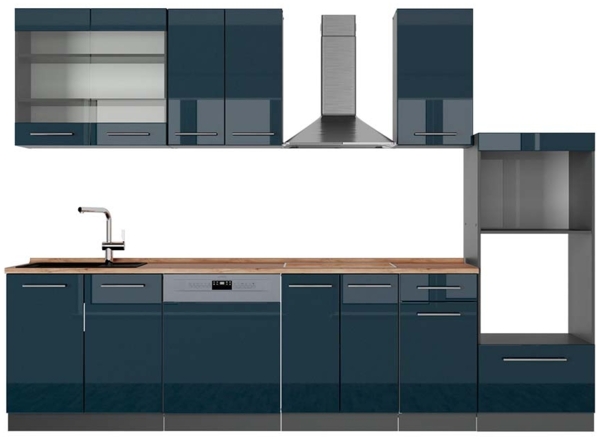 Küchenzeile Fame-Line Dunkelblau Hochglanz/Anthrazit 300 cm mit Hochschrank, AP Eiche Vicco