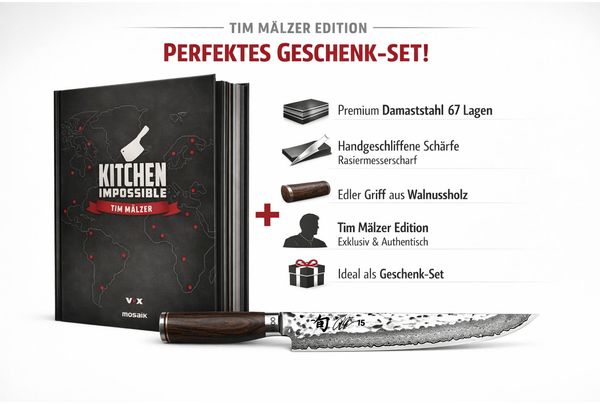 KAI Shun Premier Tim Mälzer Tanto Slicer TDM-1785 25,5 cm - limitiert und Tim Mälzer Kochbuch Kitchen Impossible