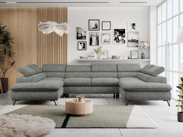 Ecksofa U-Form, mit Bettkasten, Bettfunktion und Einstellbare Kopfstützen, Sofa big XXL - PETER U - Grau Stoff