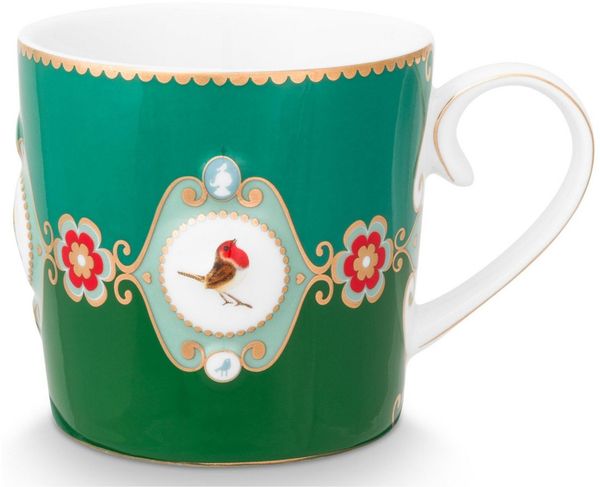 PiP Studio Becher Love Birds Medallion Emerald-Green Henkelbecher Large 0,25l Set2, Porzellan