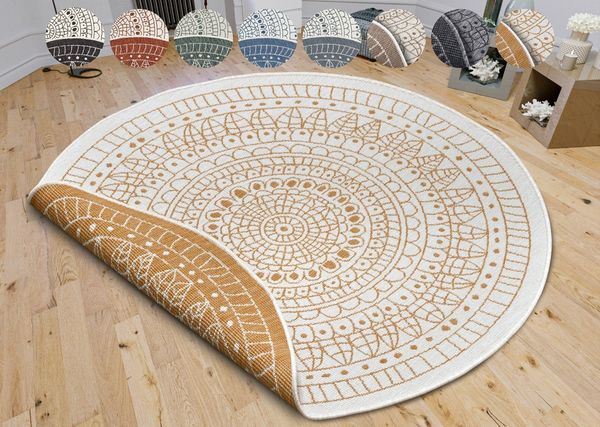 Northrugs Porto In- und Outdoor Teppich Rund – Runder Wendeteppich Wasserfest Mandala Design Flachgewebe Teppich Wetterfest für Balkon, Terrasse, Garten, Wohnzimmer in Ocker, ⌀100cm