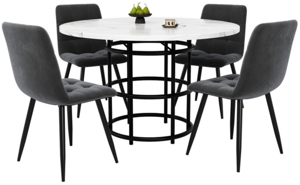 MODFU Essgruppe Esstisch mit 4 Stühlen, (5-teiliges Esstisch-Set – 100 cm runder Tisch mit MDF-Marmorplatte und 4 grauen Samt-Stühlen, 5-tlg)