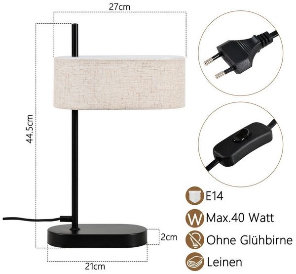 ZMH Tischleuchte Wohnzimmer 44.5cm E14 Schwarz Nachttischlampe Leinen Stoffschirm, Hochwertige Design, ohne Leuchtmittel, mit Schalter Kabel und Stecker Retro Wohnzimmerlampe