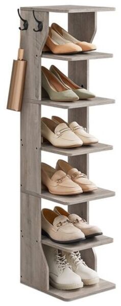 VASAGLE Schuhregal schmal, Standregal mit 7 Ebenen, platzsparend, für Eingangsbereich, Ecke, Schuhablage, greige meliert