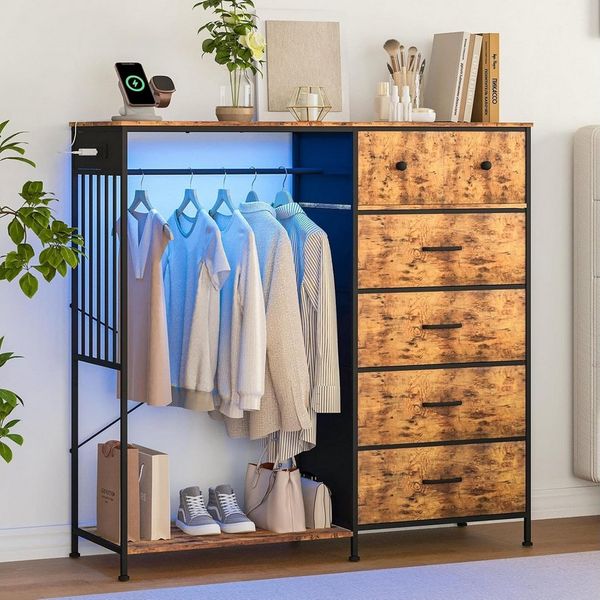 GarveeMore Kleiderschrank für Schlafzimmer,6 Schubladen,mit LED-Beleuchtung und Ladestation robuster Eisenrahmen und Holzoberfläche für Kleidung, Ankleidezimmer