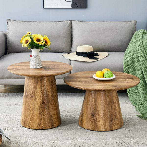 Couchtisch-Set 2-teilig, rund, 50x50 x H 48 cm & 60x60 x H 35 cm, MDF in Holzoptik, stapelbarer Wabi-Sabi Look