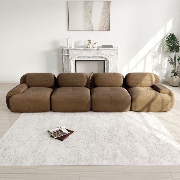 Flieks Modulares Cord Sofa 4-Sitzer, Cloud Sofa rahmenlos, bodennah mit tiefer Sitzfläche, weich & bequem, rutschfest, Braun