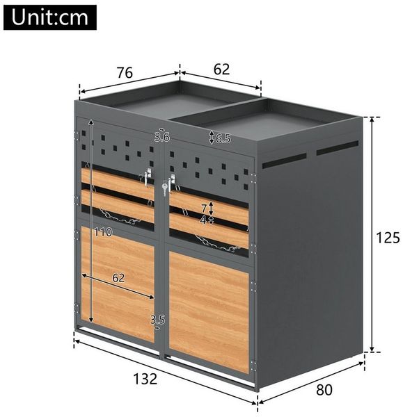 Celya Mülltonnenbox Abschließbar Müllcontainer mit Belüftungslöchern (Erweiterungsmöglichkeit,Aufbewahrungsbox für Mülltonnen, Müllbox, mit Pflanzdach, 120-240 Liter, Anthrazit Tür in Holzoptik inkl), fasst 2 Mülltonnenbox mit einem Fassungsvermögen vo...