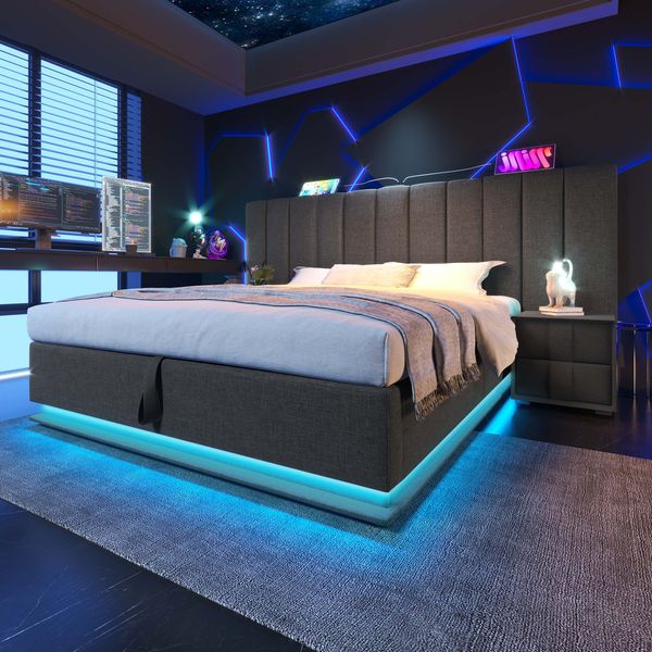 Polsterbett 180x200 cm mit Stauraum – Doppelbett mit LED und USB-C Ladestation, ohne Matratze