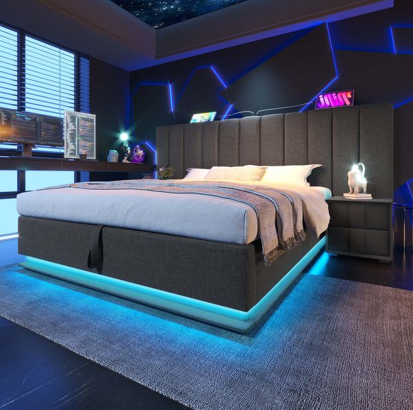 Polsterbett 180x200 cm mit Stauraum – Doppelbett mit LED und USB-C Ladestation, ohne Matratze