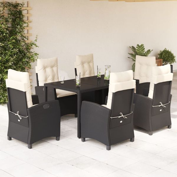 vidaXL 7-tlg. Garten-Essgruppe mit Kissen Schwarz Poly Rattan 3212630