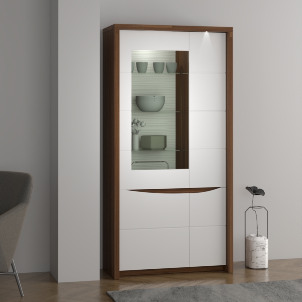 FORTE Saint Tropez Vitrine mit LED Beleuchtung, Holzwerkstoff, Braun/Weiß, 93,6 x 189,3 x 41,9 cm