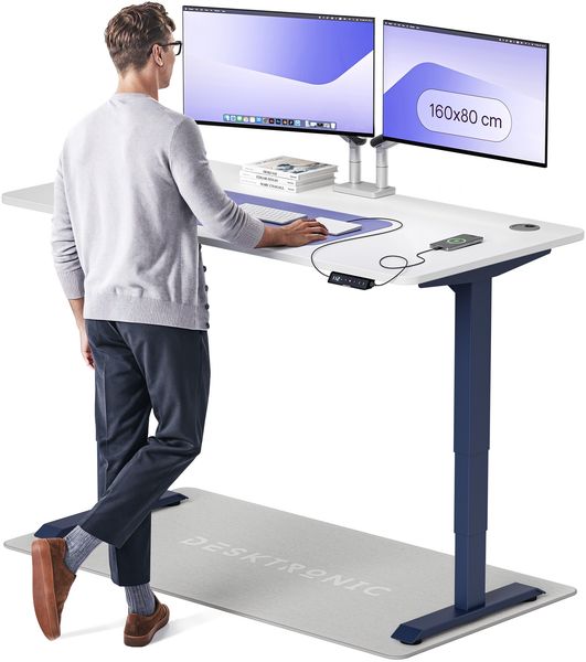 Desktronic HomePro Elektrisch höhenverstellbarer Schreibtisch 160x80cm Blau/Weiß mit Memory-Funktion, Anti-Kollisions Technologie, USB-A und USB-C-Ladeanschlüssen