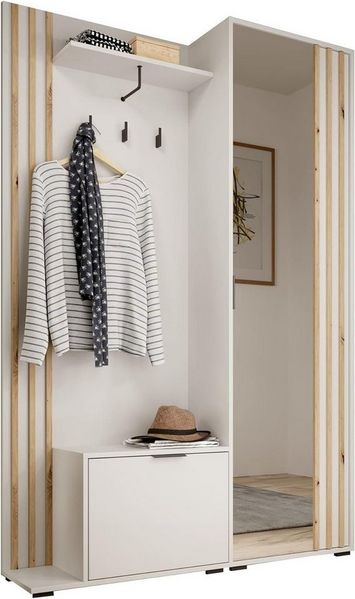 MOEBLO Kompaktgarderobe JOHN (Dielenschrank Wandschrank Regal Diele & Flur Kleiderschrank Schuhschrank, mit Spiegel Flurgarderobe Schrank Kompaktgarderobe), (BxHxT): 135x197x34cm