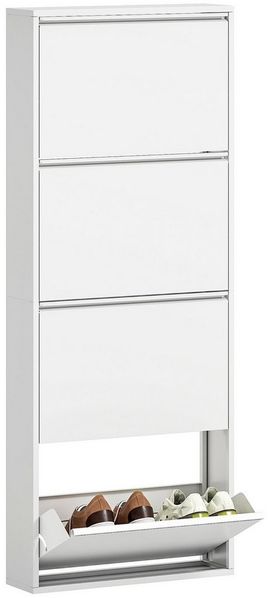 HOMCOM Schuhschrank mit 4 Klappen Schuhkipper Schmal für 8 Paar Schuhe Schuhregal (Metall Schuhkommode, 1-St, Schuhablage Wandmontage) für Eingangsbereich, Flur 55 x 15 x 139,5 cm Weiß