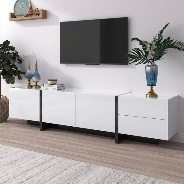Furnishings Home TV-Schrank Lowboard mit farbblockierten Beinen Hochglanz-Weiß und Schwarz (1-St) Einfaches Liniendesign mit Türen und Schubladen 190 L x 35 B x 45H(cm)