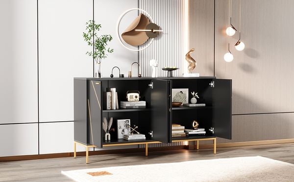 Sideboard, kompaktes Design mit Schubladen und Türen – platzsparend, modern und vielseitig,150x40x80 cm,Schwarz und Golden