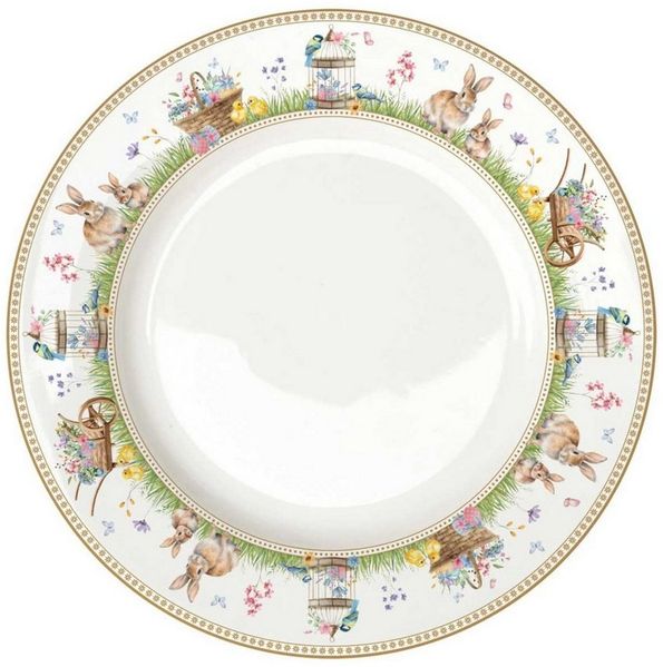 EasyLife Speiseteller Spring Bloom, Spülmaschinengeeignet, Mehrfarbig, Hasen & Blumenkörbe, ⌀ 26.5cm