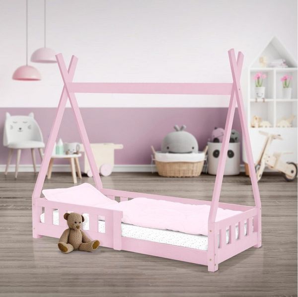 ML-DESIGN Kinderbett Hausbett Tipi Zeltbett inkl. Lattenrost Bodenbett Kinder Himmelbett, Abenteuerbett mit Rausfallschutz Zelt Spielbett Kiefer Rosa Kinderhaus