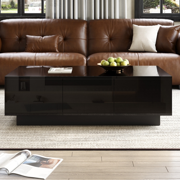 Modern Couchtisch schwarz Hochglanz, 100 x 31 x 50 cm, mit Schubladen & Schiebefächern
