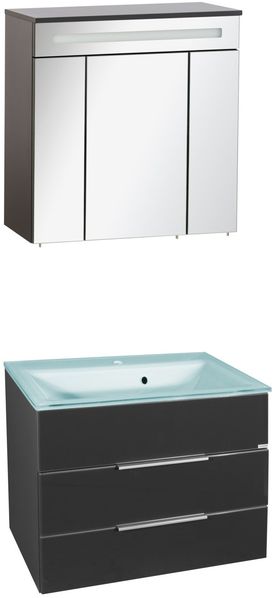 FACKELMANN KARA Waschtisch Set mit Spiegelschrank 80 cm breit, Anthrazit, Waschbecken Glas Mint, 2 Schubladen