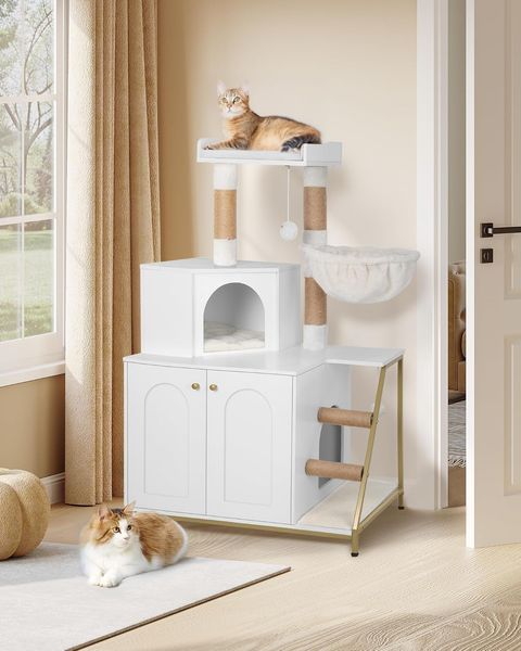 Kratzbaum mit Katzenklo-Schrank, Katzenschrank, 4-in-1 Modernes Katzenhaus mit Großer Plattform, Katzenhaus mit Sisal-Kratzmatte, Pfosten, Treppe und Pompom, Waschbare Kissen, Weiß