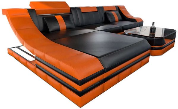 Mini Couch Turino L Form in Leder - Büffelleder - schwarz-orange - Links
