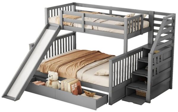 OKWISH Etagenbett Etagenbett mit Schubladen, Kinderbett Einzelbett Funktionsbett (Etagenbett,mit Rutsche und Schubladen – Multifunktional, Viel Stauraum, Hochwertiges Kiefernholz, Ideal für Kinderzimmer, Weiß – Inklusive Stabile Treppe, Sicher und Prak...