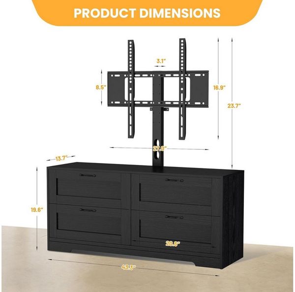 GarveeMore TV-Schrank mit höhenverstellbarer TV-Halterung & 4 Schubladen Media Console Entertainment Center mit Kabelmanagement für Wohnzimmer