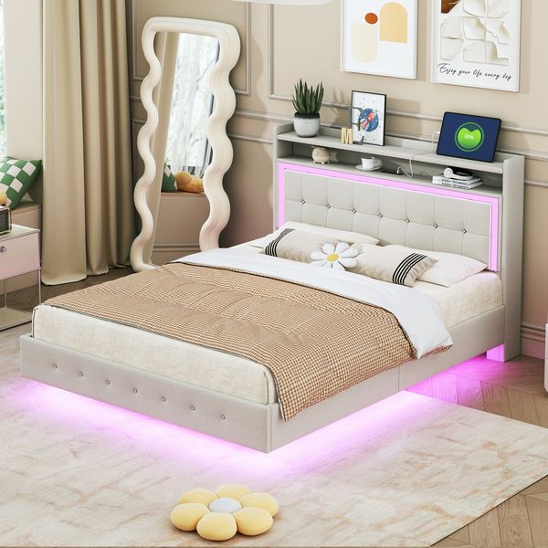 Polsterbett 140*200, mit USB-Steckdose und LED-Licht, Bett kann am Kopfende des Bettes platziert werden, verstecktes Fußdesign, Doppelflachbett, Leinenstoff beige
