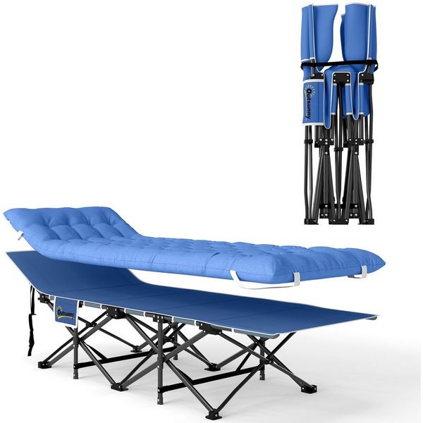 Outsunny Feldbett mit Matratze, Kopfkissen, Seitentasche (Gästebett bis 150 kg, 1-St, faltbar Campingbett) 185 x 68 x 37 cm, für Outdoor, Garten Camping Reisen Blau