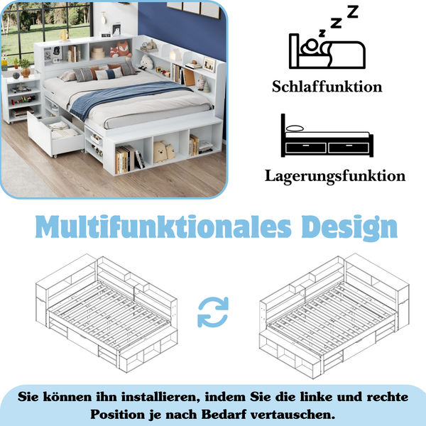 Kinderbett, 140*200 cm, Einzelbett, multifunktionales Kinderbett mit Schubladen, Bücherregal und Stauschrank, großer Stauraum, Lattenrost, ohne Matratze, weiß Bild 4