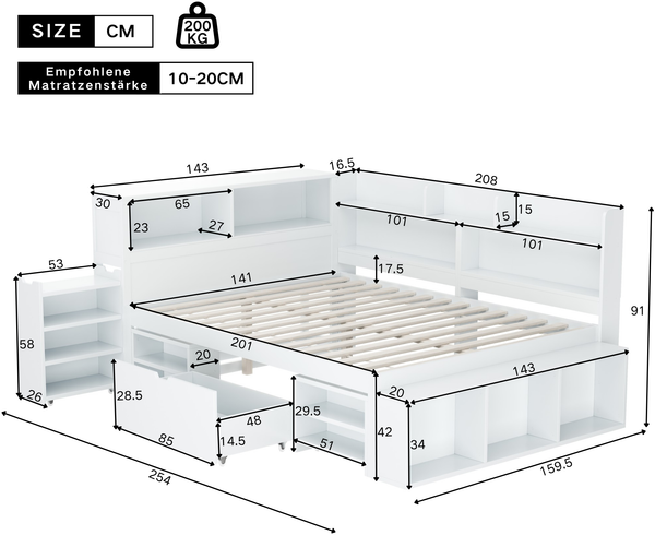 Kinderbett, 140*200 cm, Einzelbett, multifunktionales Kinderbett mit Schubladen, Bücherregal und Stauschrank, großer Stauraum, Lattenrost, ohne Matratze, weiß Bild 7