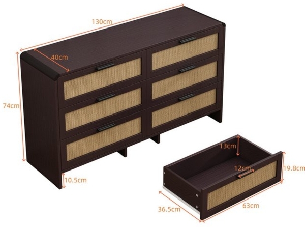 Celya Kommode 130cm Kommode mit 6 Schubladen, mit schubladen, Rattanschrank (kommoden für schlafzimmer, Braun), Arc Shaped Corner Rattan Cabinet Bild 4