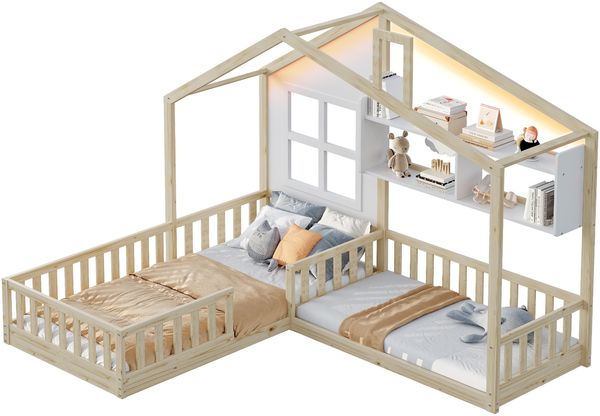 Bett Kinderhaus 90x200 cm/140x70 cm mit LED, Regalen, Sicherheitsgitter und Lattenrost, ohne Matratze Bild 6