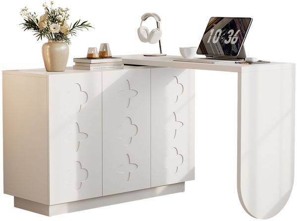 Flieks Drehschreibtisch, L-förmiger Eckschreibtisch mit Sideboard, 360° drehbar, 3 Schranktüren, verstellbare Einlegeböden, weiß
