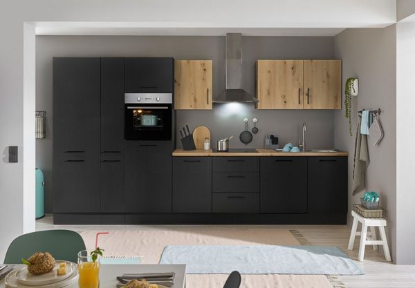 Stella Trading Turin ZB Küchenzeile 370 x 211 x 60 cm, schwarz - Ohne Küchengeräte - Moderne, geräumige Küche in Artisan-Eiche Optik mit viel Stauraum