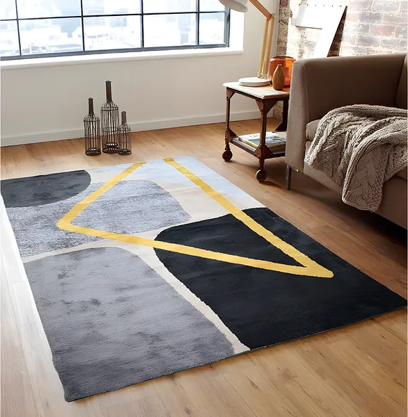 Vente-unique - Teppich moderner Stil - 160 x 230 cm - Grau, Schwarz & Goldfarben - PICADILLY