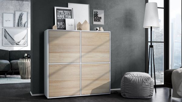 Highboard Cuba V2 Schrank 104 x 105,5 x 35,5 cm Sideboard mit 8 Fächern, Korpus in Weiß matt / Fronten in Eiche sägerau