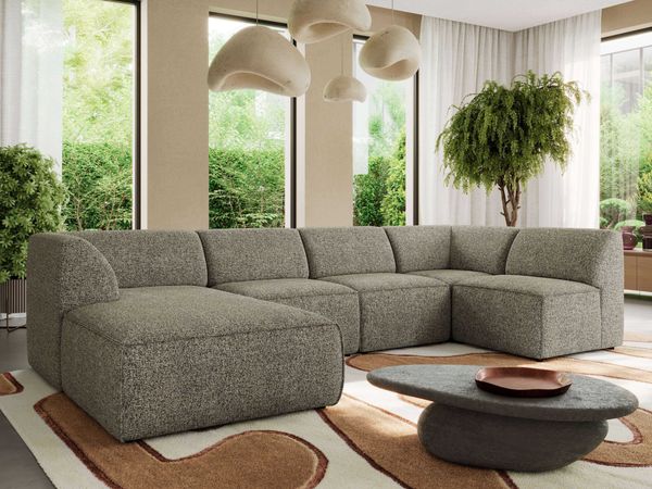 Modulares XXL-Ecksofa MODARO 5M, U-Form, Wohnlandschaft, 5-teilig, freistehend, Wohnzimmer Couch, HR-Schaumstoff - Grau Stukture - Links