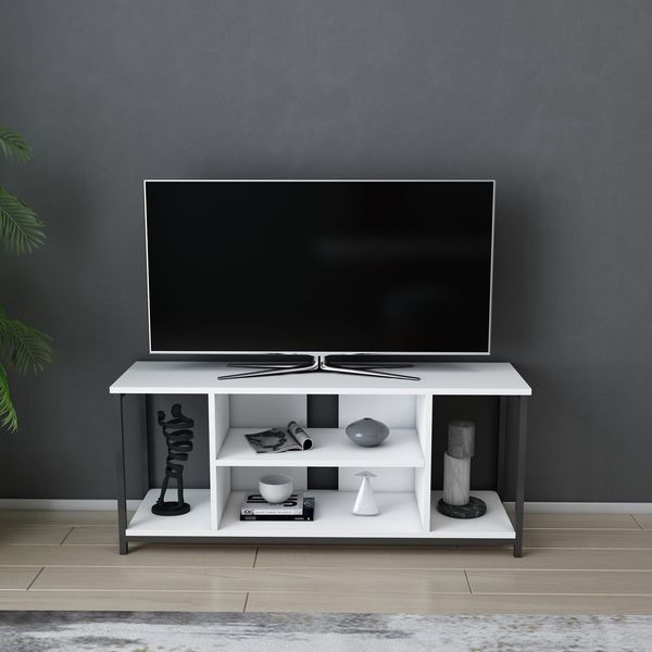 Hanah Home Stylish TV Stand, Black & White, 120 x 35 x 50.8 cm | 100% Melamine Coated Particle Board, 18 mm Thick | Durable Metal Frame, Modern Design for Living Room