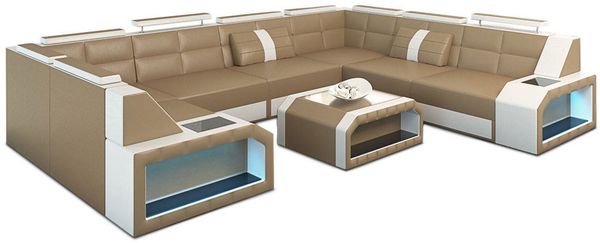 Leder Couch Eckcouch Pesaro - Echtleder - sandbeige-weiß - Rechts
