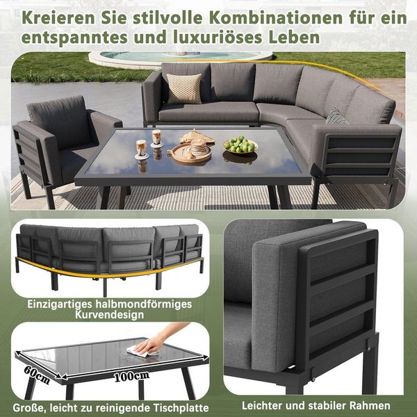 i@home Gartenlounge-Set, (6-tlg), für 8 Personen mit grauen Polstern,mit Glastisch, 1 Sessel & 2 Hockern